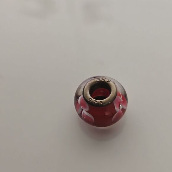 Murano Glass Flower Charm Stamped 925 Burgundy/ White - Picture 2 of 16